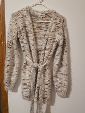 Knox Rose Cream Multicolor Fuzzy Belted Sweater Cardigan